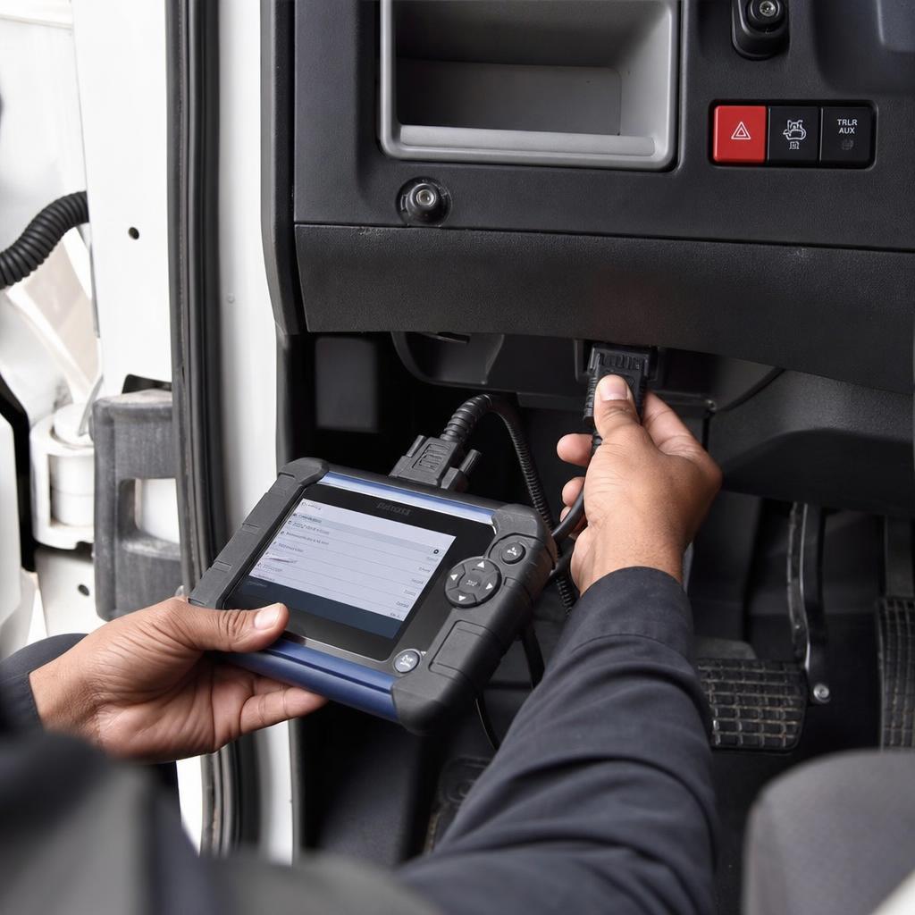 Technician connecting a diagnostic device to a truck