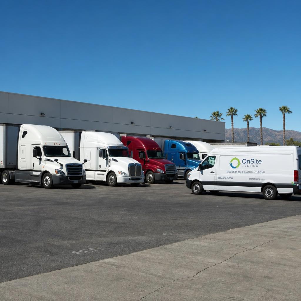 Mobile testing van parked at a truck yard